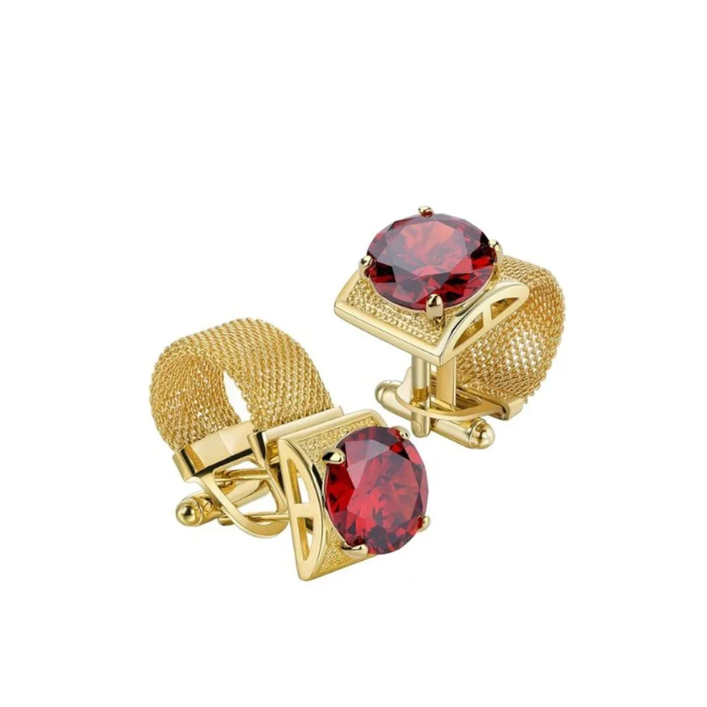 Men's Garnet Birthstone Gold Tone Cufflinks with Chain Shirt